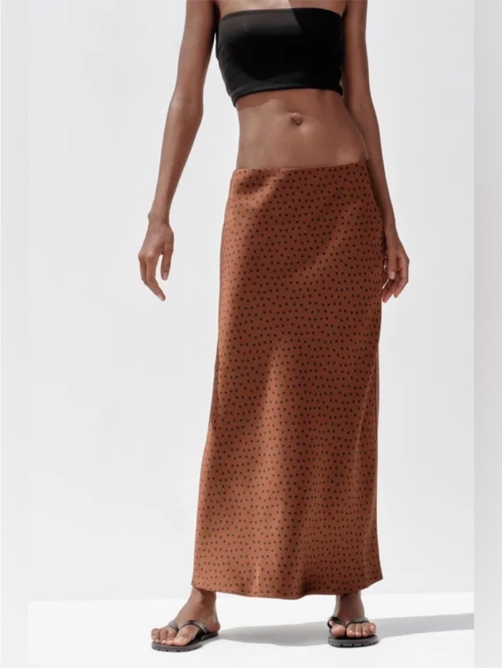 Zara Brown Maxi Slip Skirt with Black Polka Dots